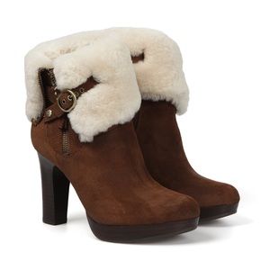 UGG Scarlett Chestnut Suede Shearling Heel Booties